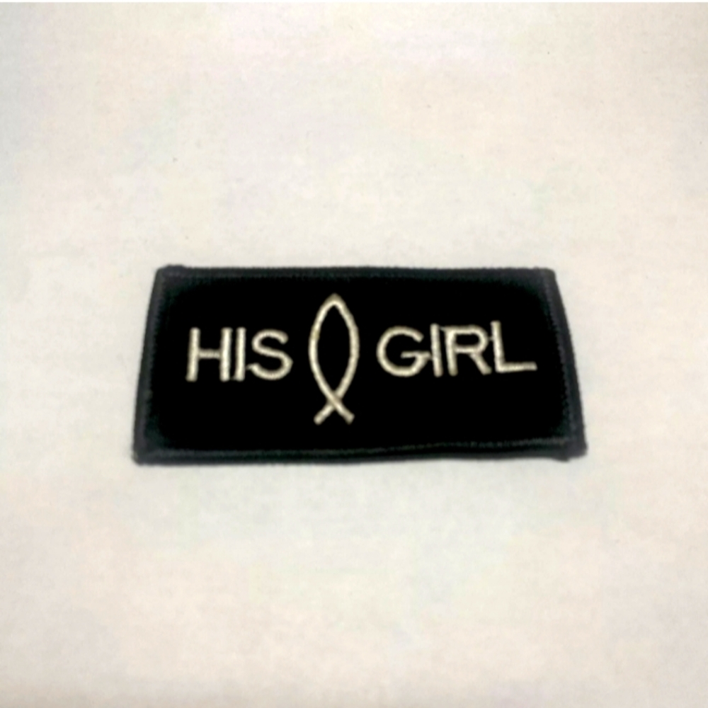 His Girl With A Jesus Fish In The Middle Iron On Black & White Patch 3." x 1.5"
